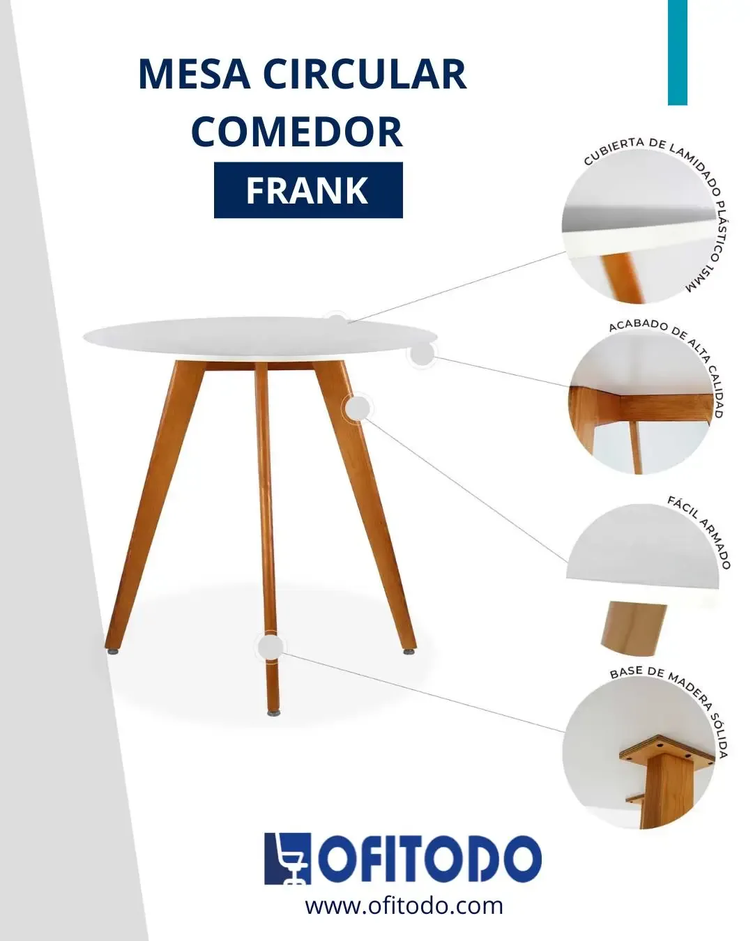 Ficha de la mesa circular de comedor modelo Frank, con detalles de cubierta y base