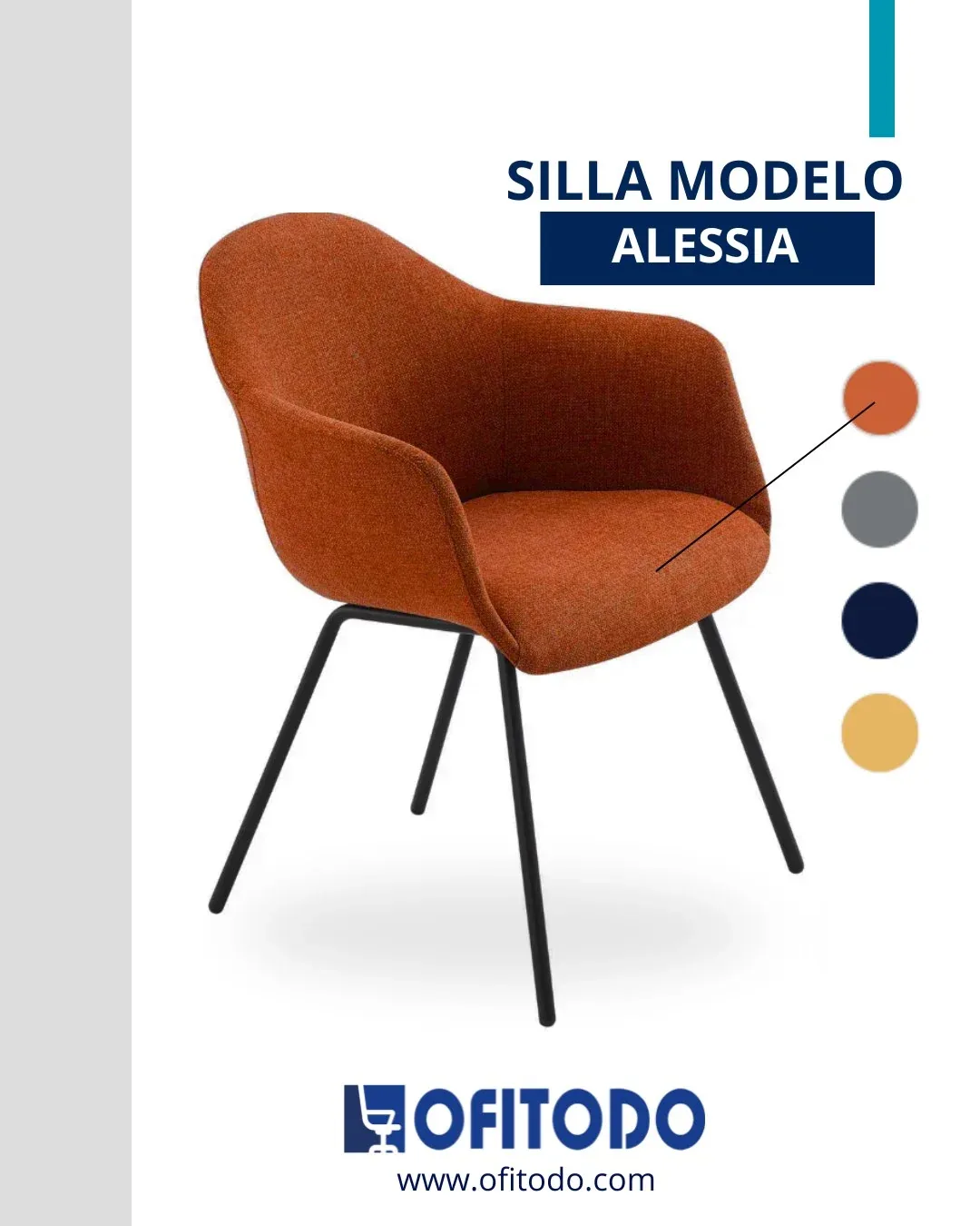Ficha de la silla modelo Alessia, con los cuatro colores de tapiz disponibles