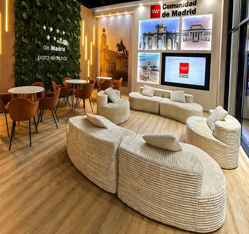 Sala de estar del pabellón, con sillones curvos tapizados en pana y muro verde